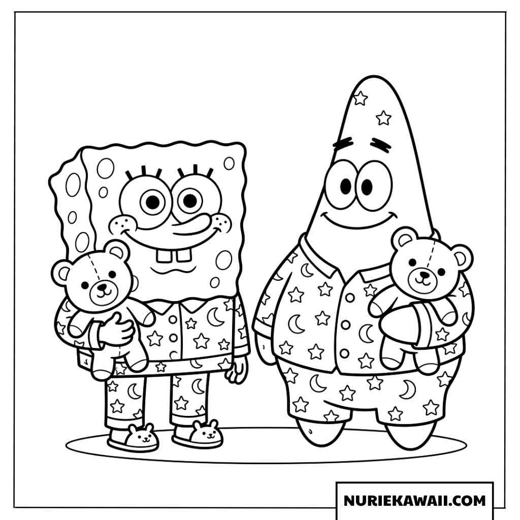 パジャマ姿のスポンジボブとパトリックのぬいぐるみ塗り絵