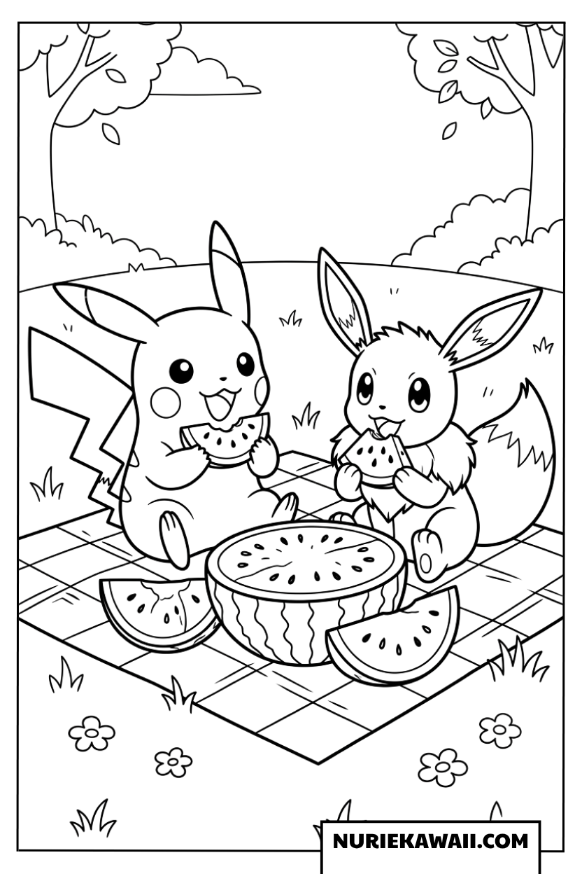 ピカチュウとイーブイのピクニックの塗り絵