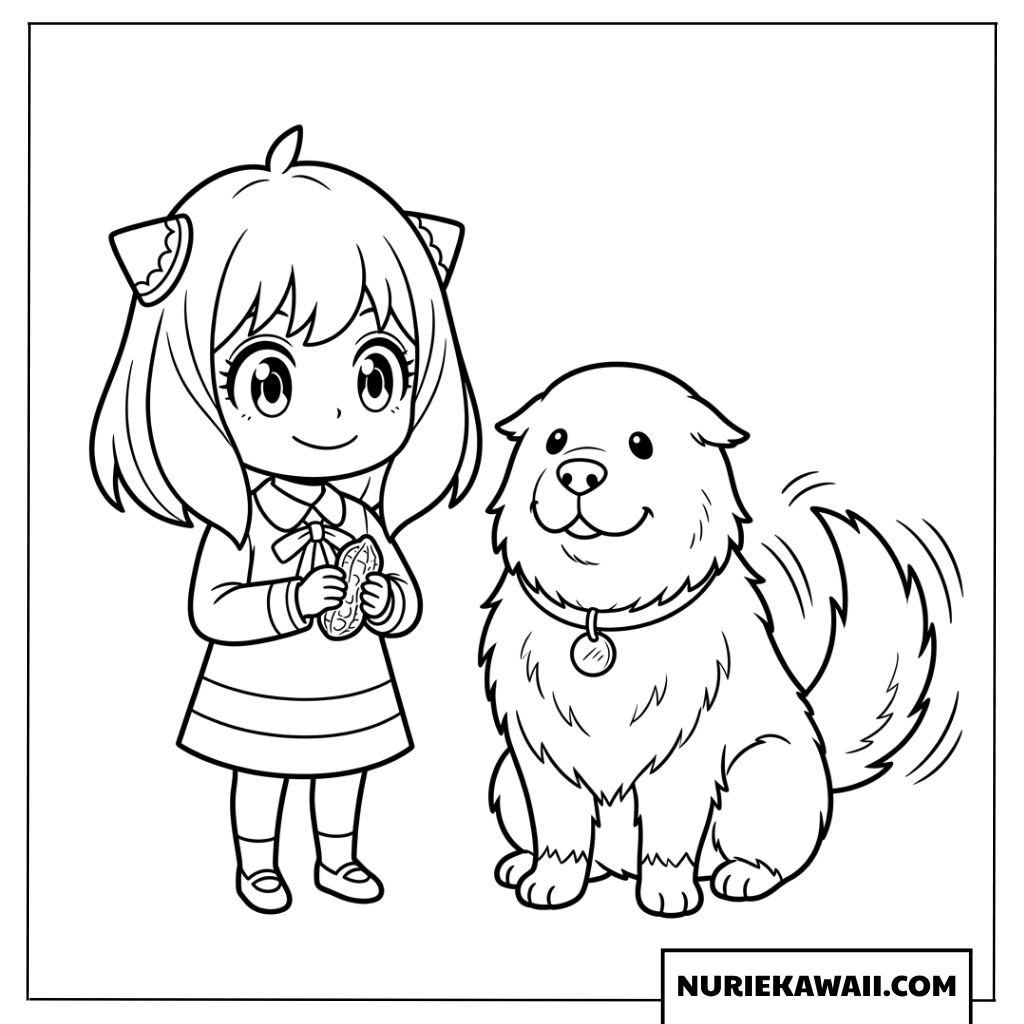 ピーナッツを持つちびアーニャと嬉しそうなボンドの塗り絵