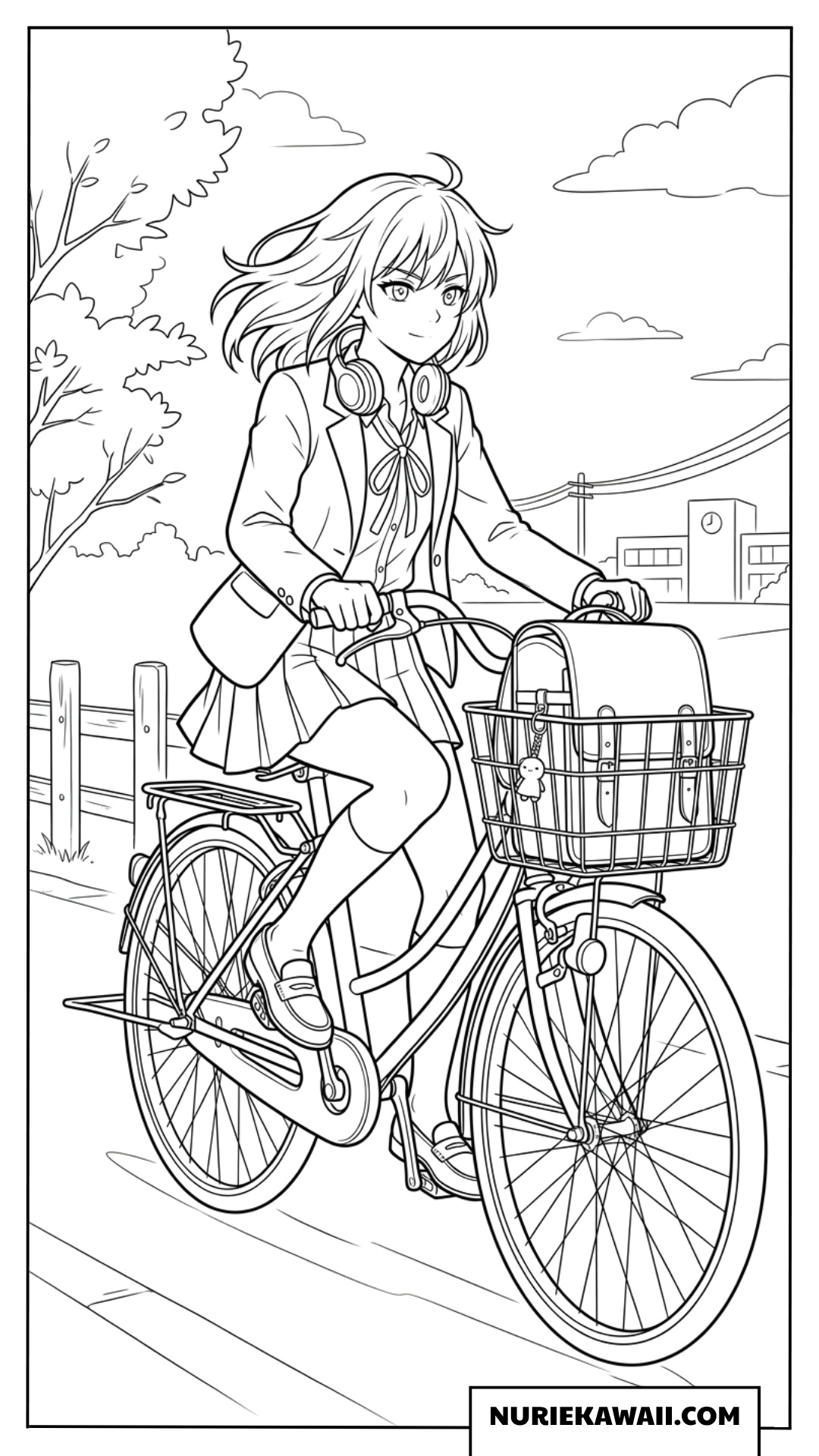 ヘッドホンをつけて元気に自転車通学をするアニメ女子高生の塗り絵