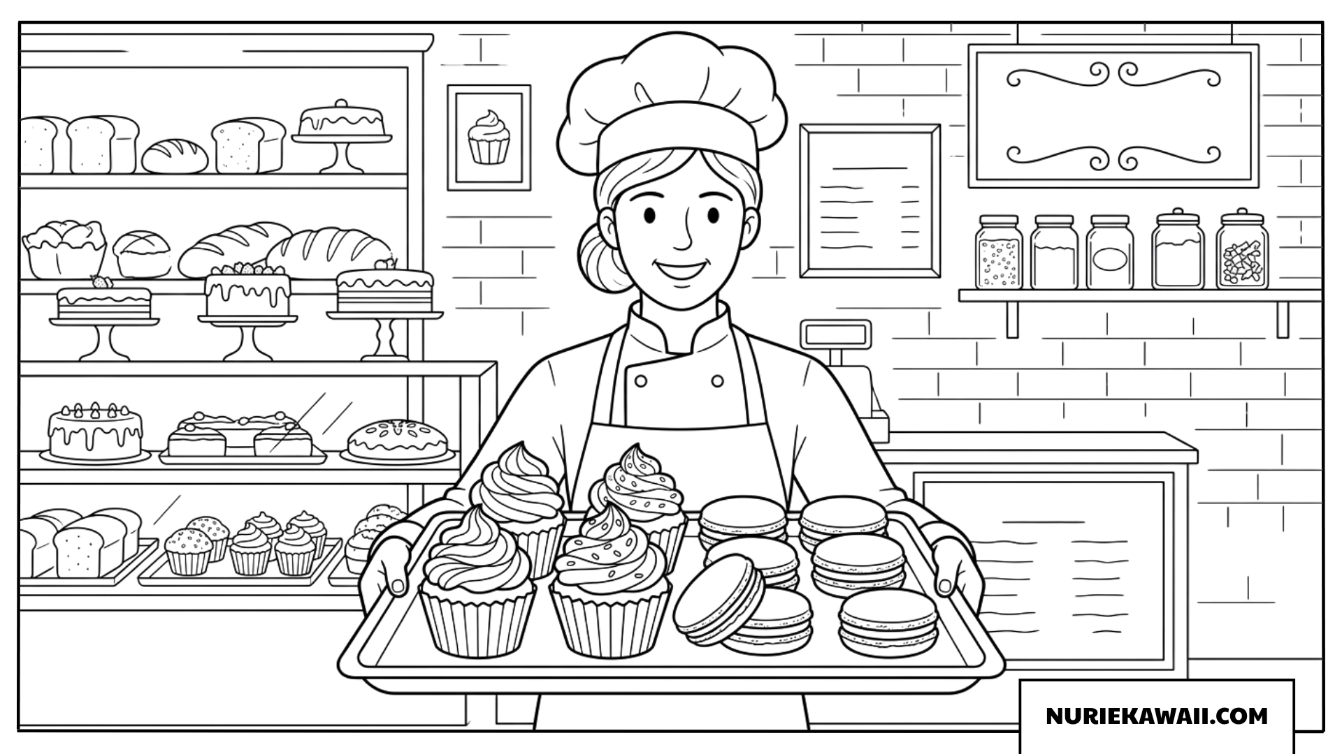 ベーカリーショップでスイーツを運ぶパティシエ女の子塗り絵