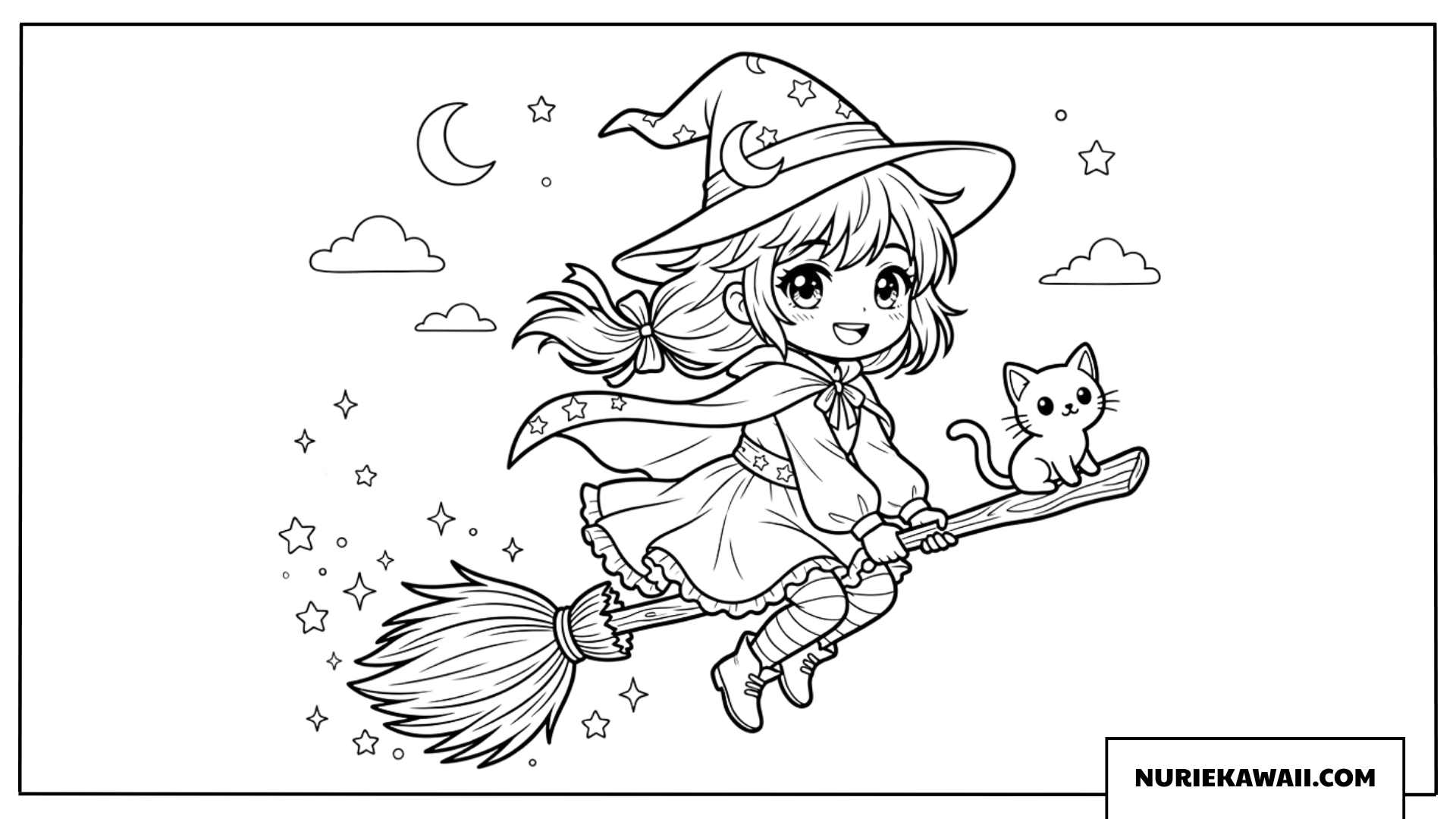 ホウキに乗って夜空を飛ぶ魔女のちびキャラ女の子の塗り絵
