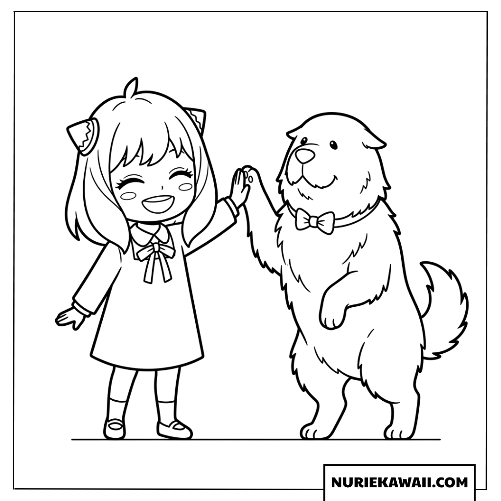 ボンドとハイタッチするちびアーニャの元気な塗り絵