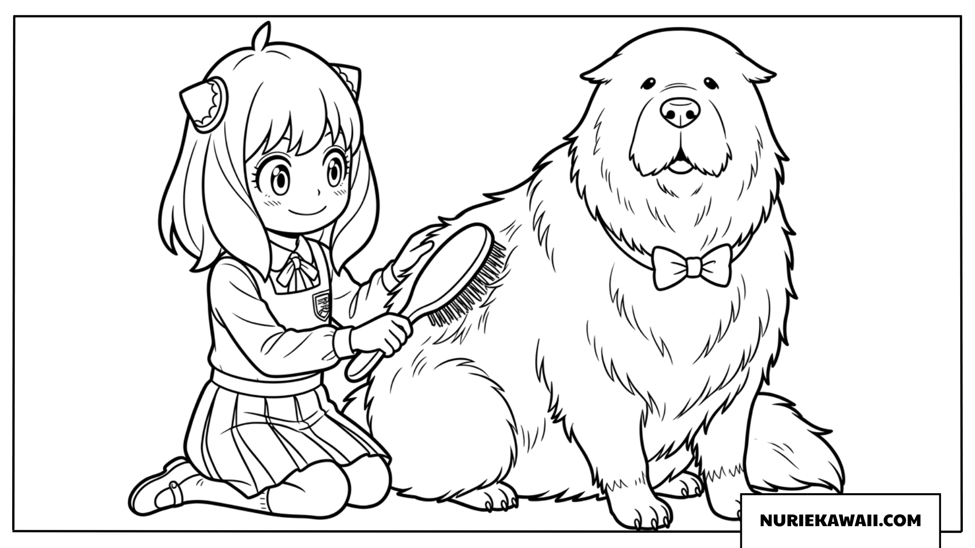 ボンドの毛並みを優しくお手入れするアーニャの塗り絵