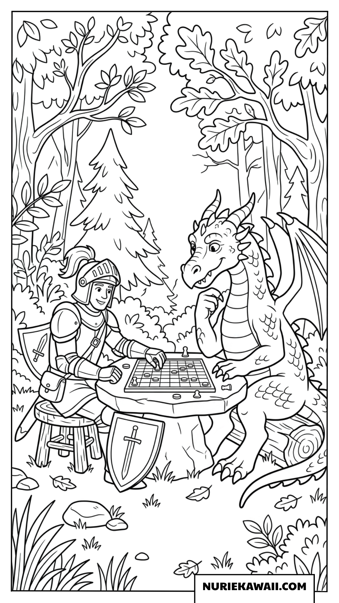 ボードゲームを仲良く楽しむベビードラゴンと小さな騎士の塗り絵