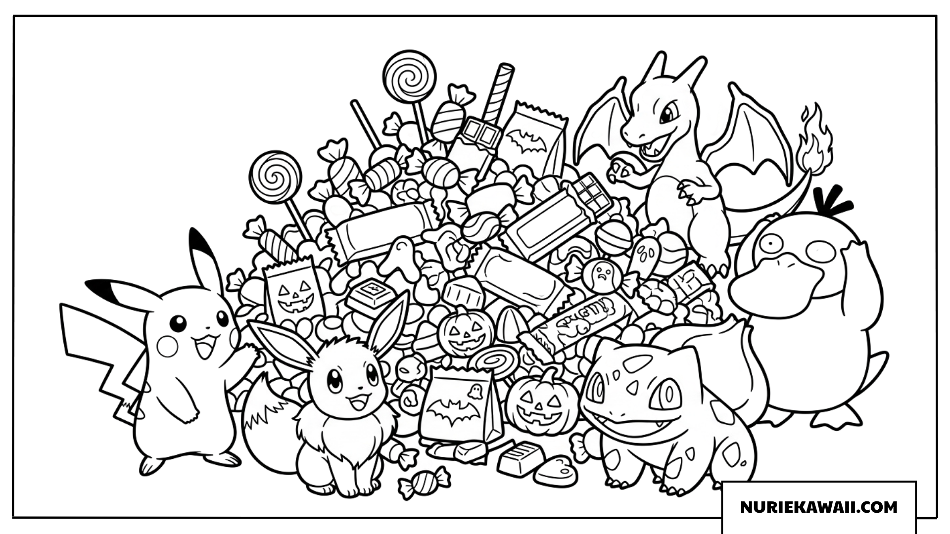 ポケモンハロウィンキャンディ収穫塗り絵：ピカチュウ、イーブイ、巨大なキャンディの山！
