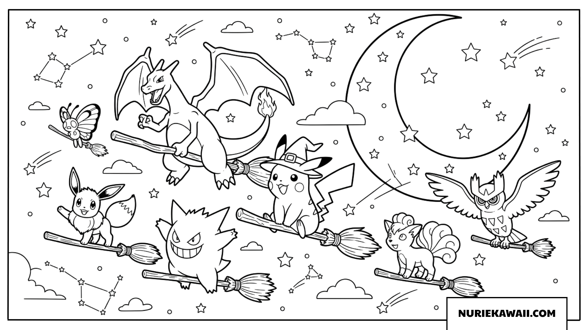ポケモン魔法のほうき飛行塗り絵：ピカチュウ、リザードン、夜空の冒険！