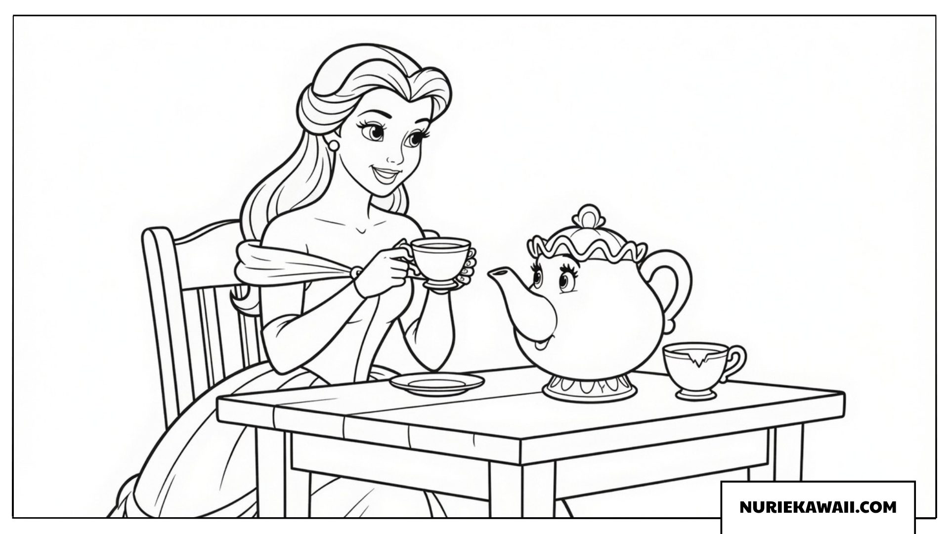 ポット夫人とチップと一緒に楽しそうにお茶会をするベルの塗り絵