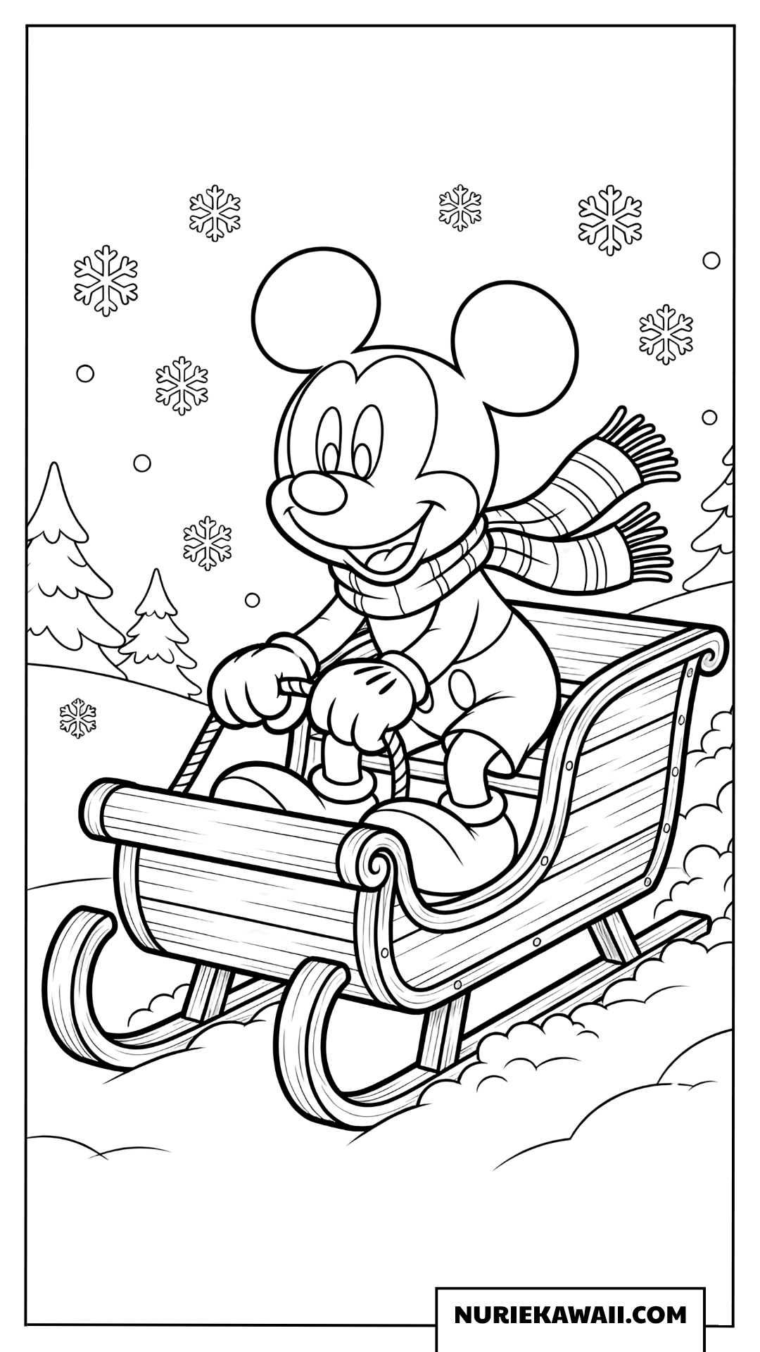 マフラーを巻いて雪の上をソリで滑るミッキーマウスの爽快な冬の塗り絵
