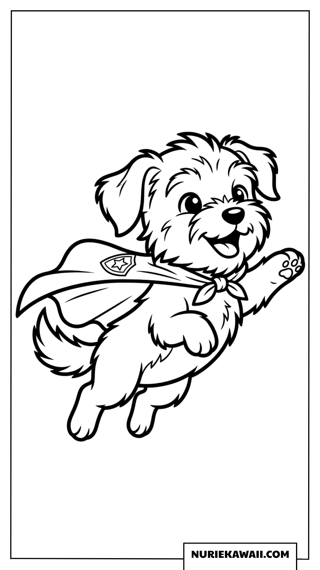 マントをなびかせて空を飛ぶスーパーヒーロー風なちび子犬の塗り絵