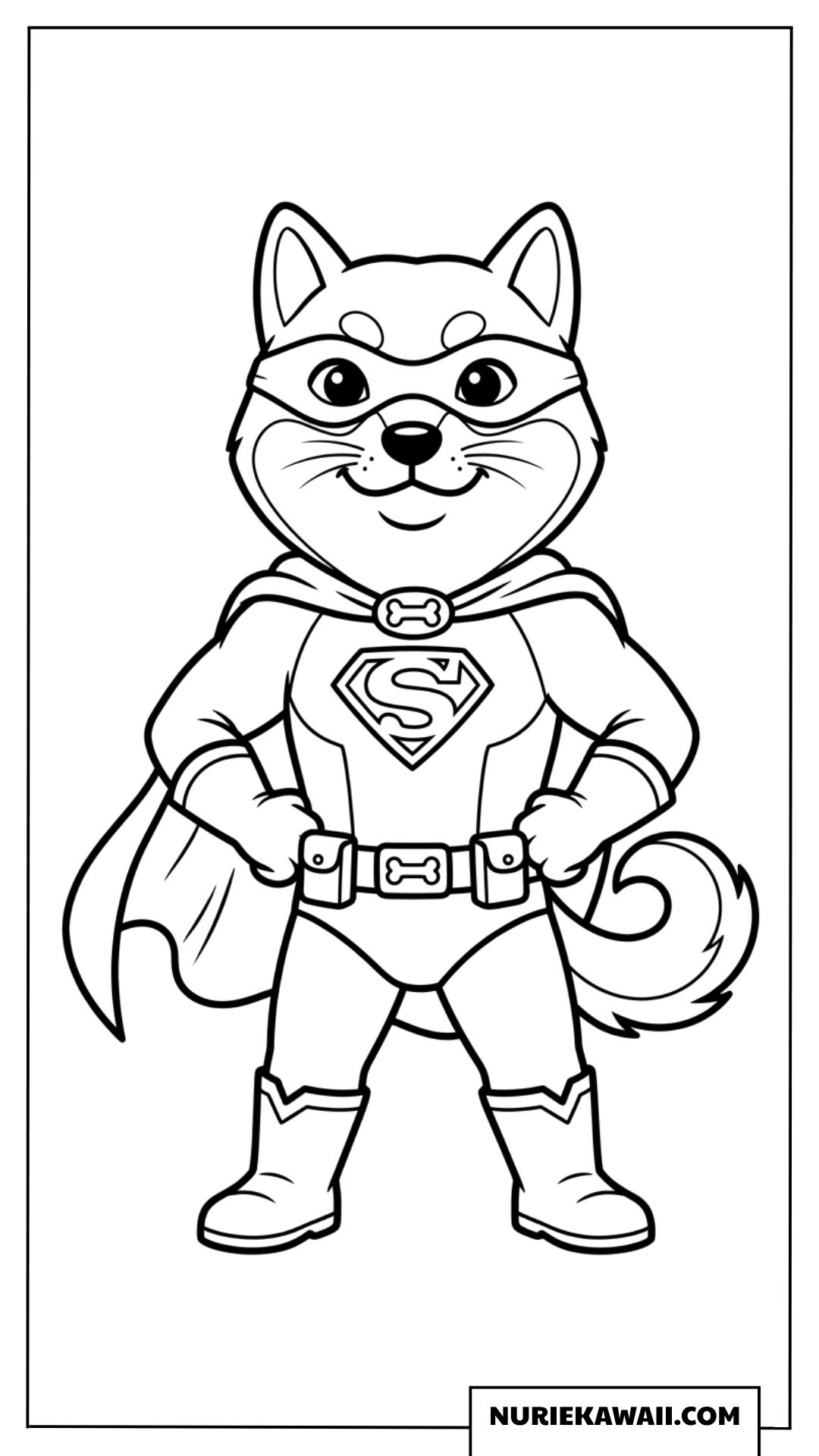 マントを羽織ったスーパーヒーローに変身した勇敢で格好いい柴犬の塗り絵