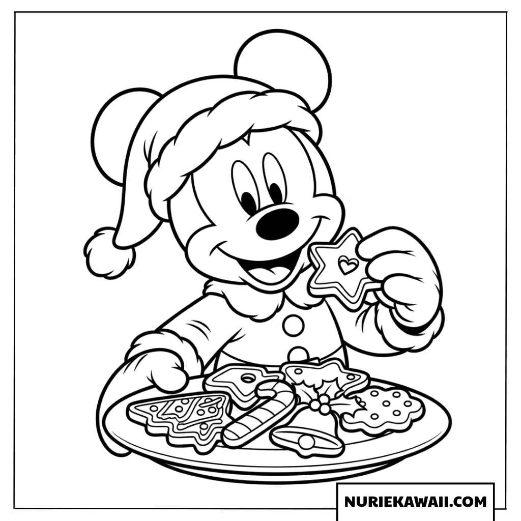 ミッキーがクリスマスクッキーを楽しんでいる可愛い塗り絵