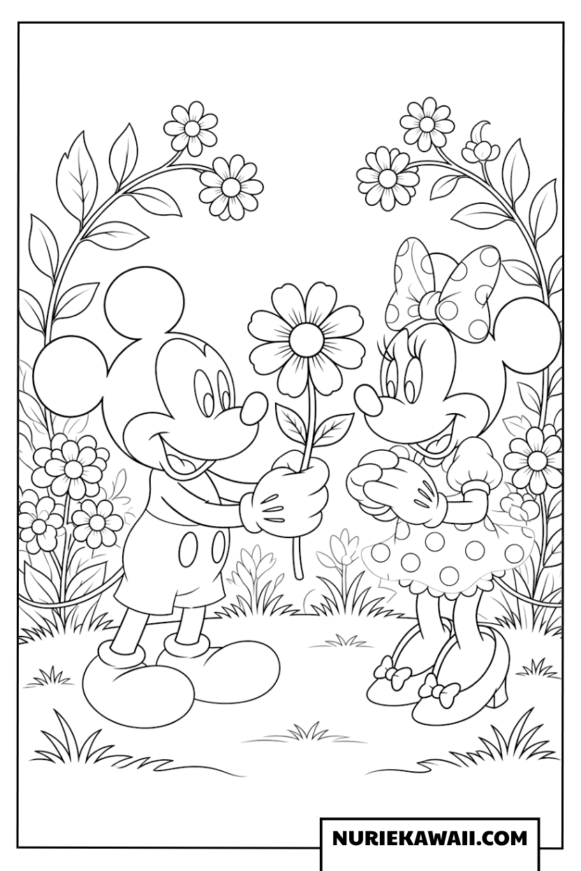 ミッキーがミニーに大きな花をプレゼントする可愛い塗り絵