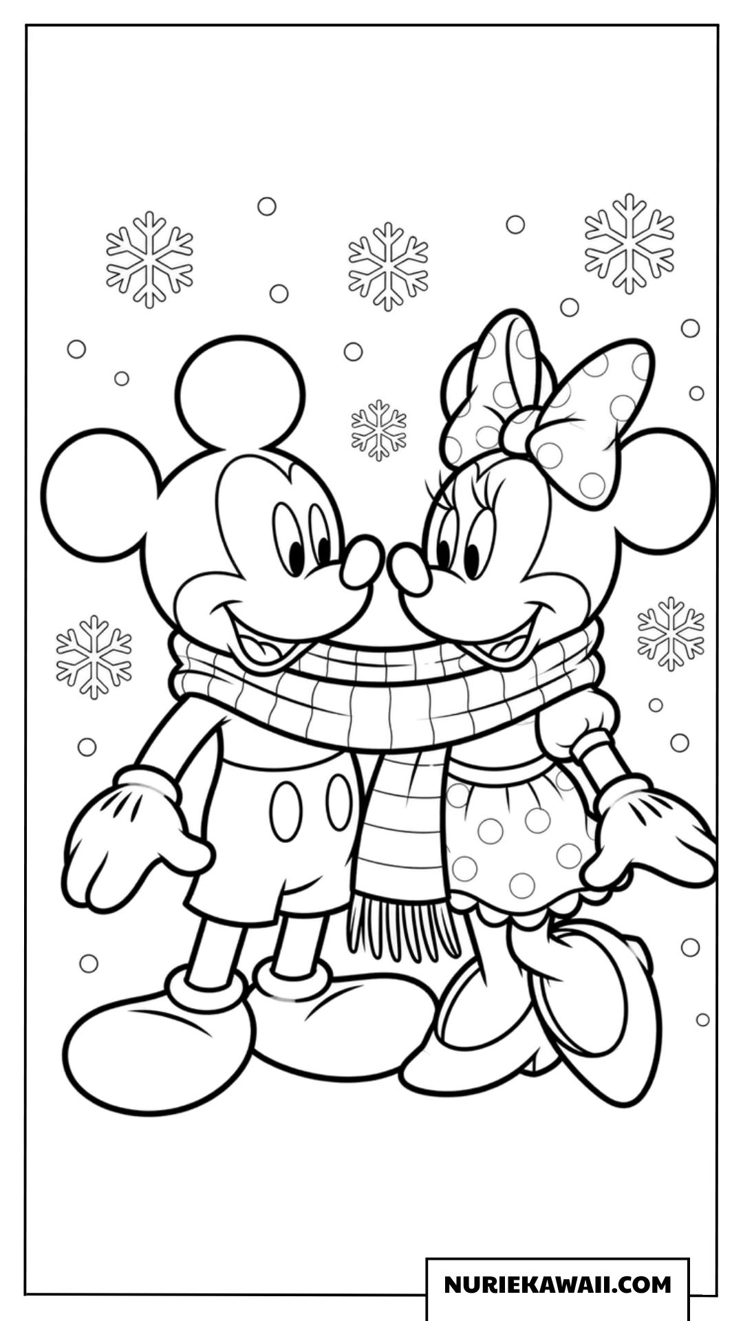 ミッキーとミニーが一本の長いマフラーを二人で巻いて寄り添う温かい塗り絵
