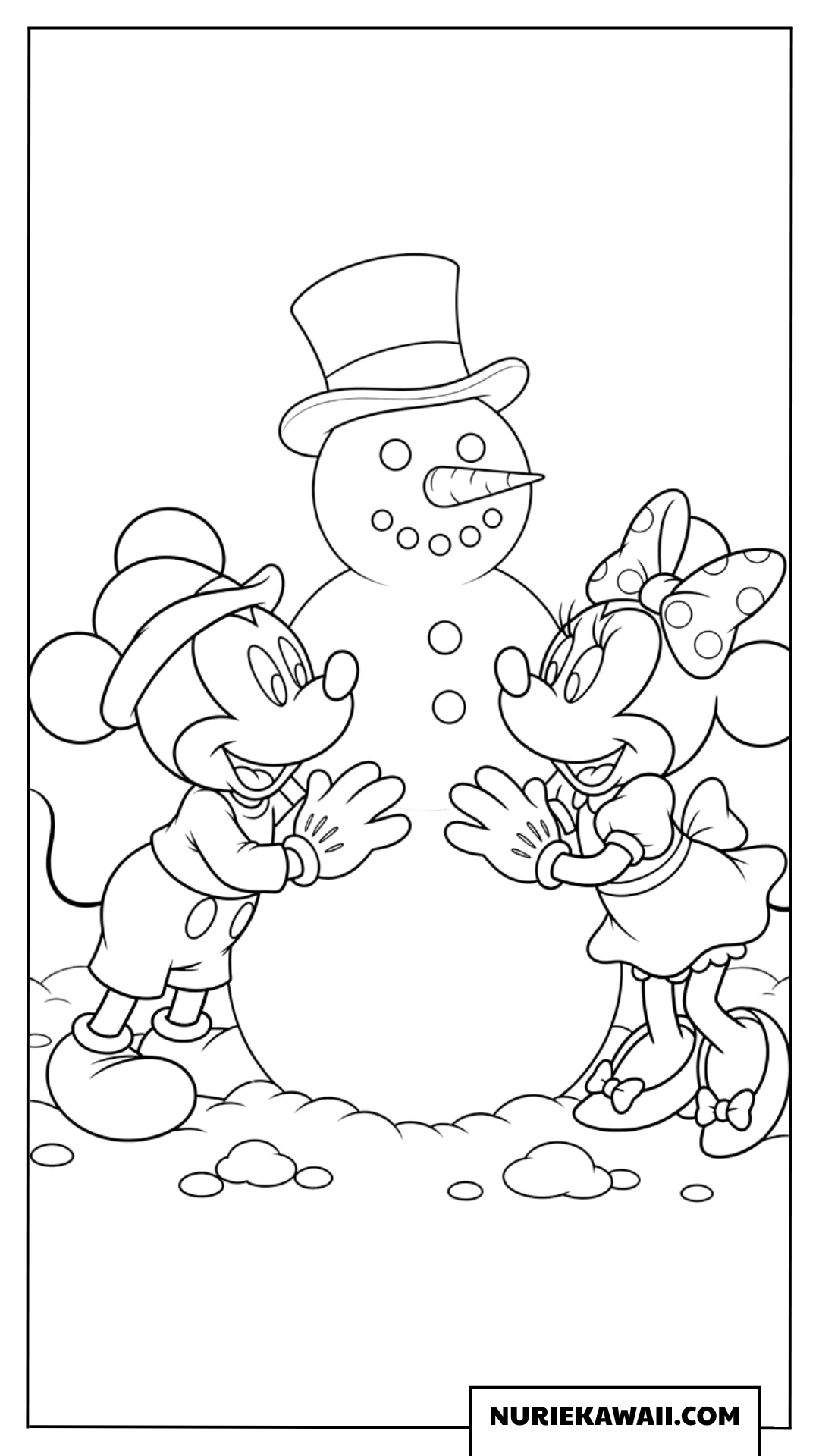 ミッキーとミニーが一緒に楽しそうに雪だるまを作っている冬の塗り絵