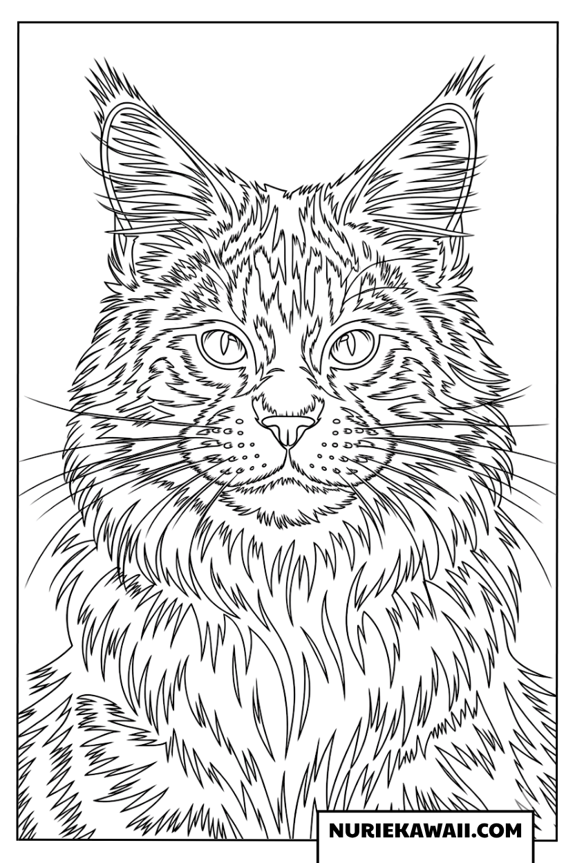 メインクーンの凛々しい表情をとらえた顔のアップの塗り絵