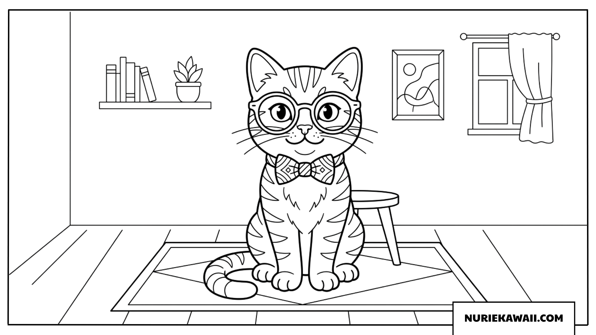メガネと蝶ネクタイでおしゃれな子猫の塗り絵