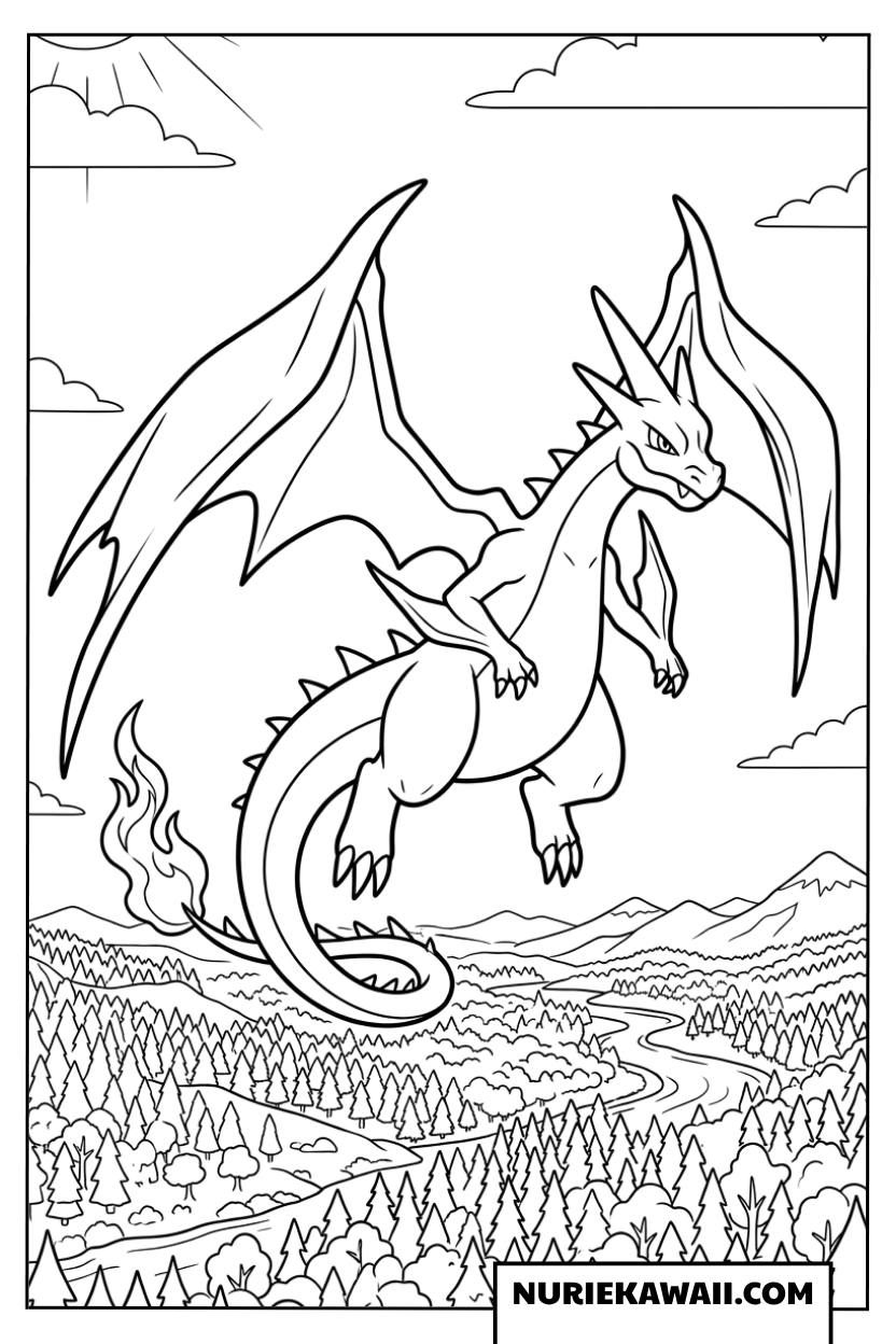 メガリザードンYの塗り絵 森の上空を大飛行