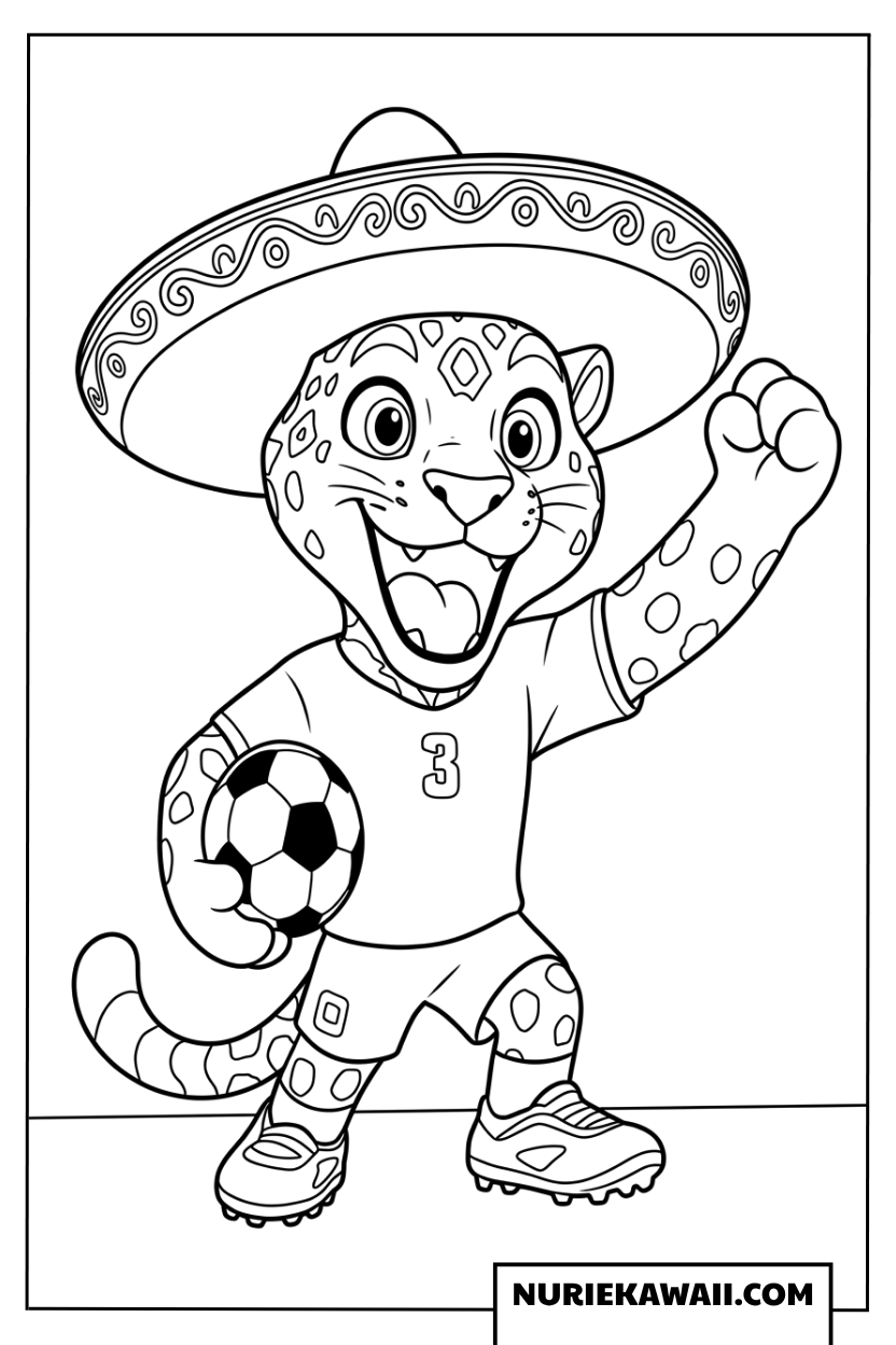 メキシコの帽子ソンブレロをかぶってサッカーボールを持つマスコットの塗り絵