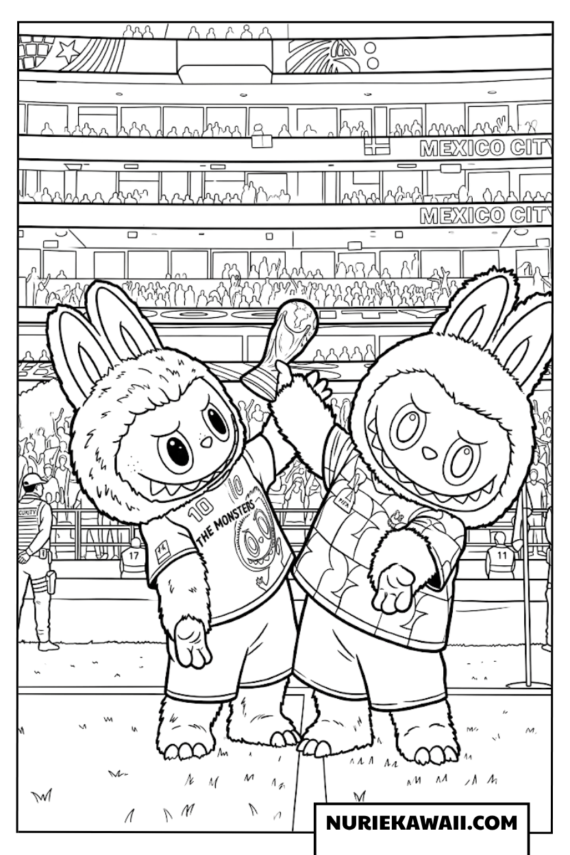 メキシコシティのピッチで小さなトロフィーを掲げる可愛いラブブの塗り絵