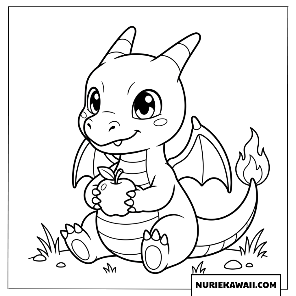 リザードンの塗り絵 かわいいちびリザードンとリンゴ