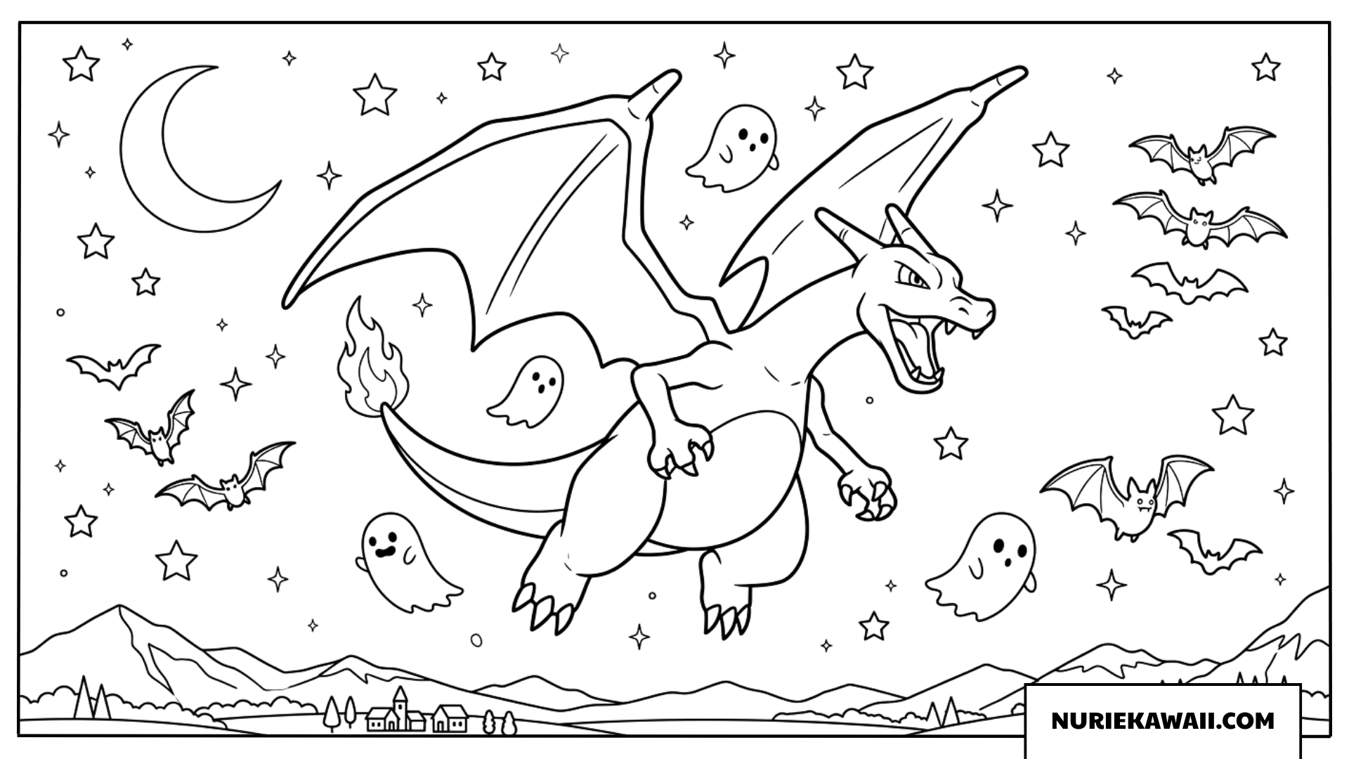 リザードンの塗り絵 ハロウィンの夜空を飛ぶ姿