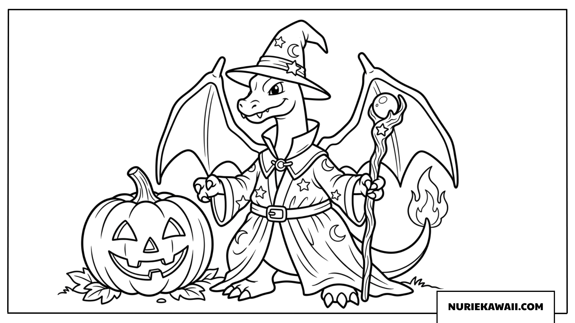 リザードンの塗り絵 ハロウィンの魔法使いとカボチャ