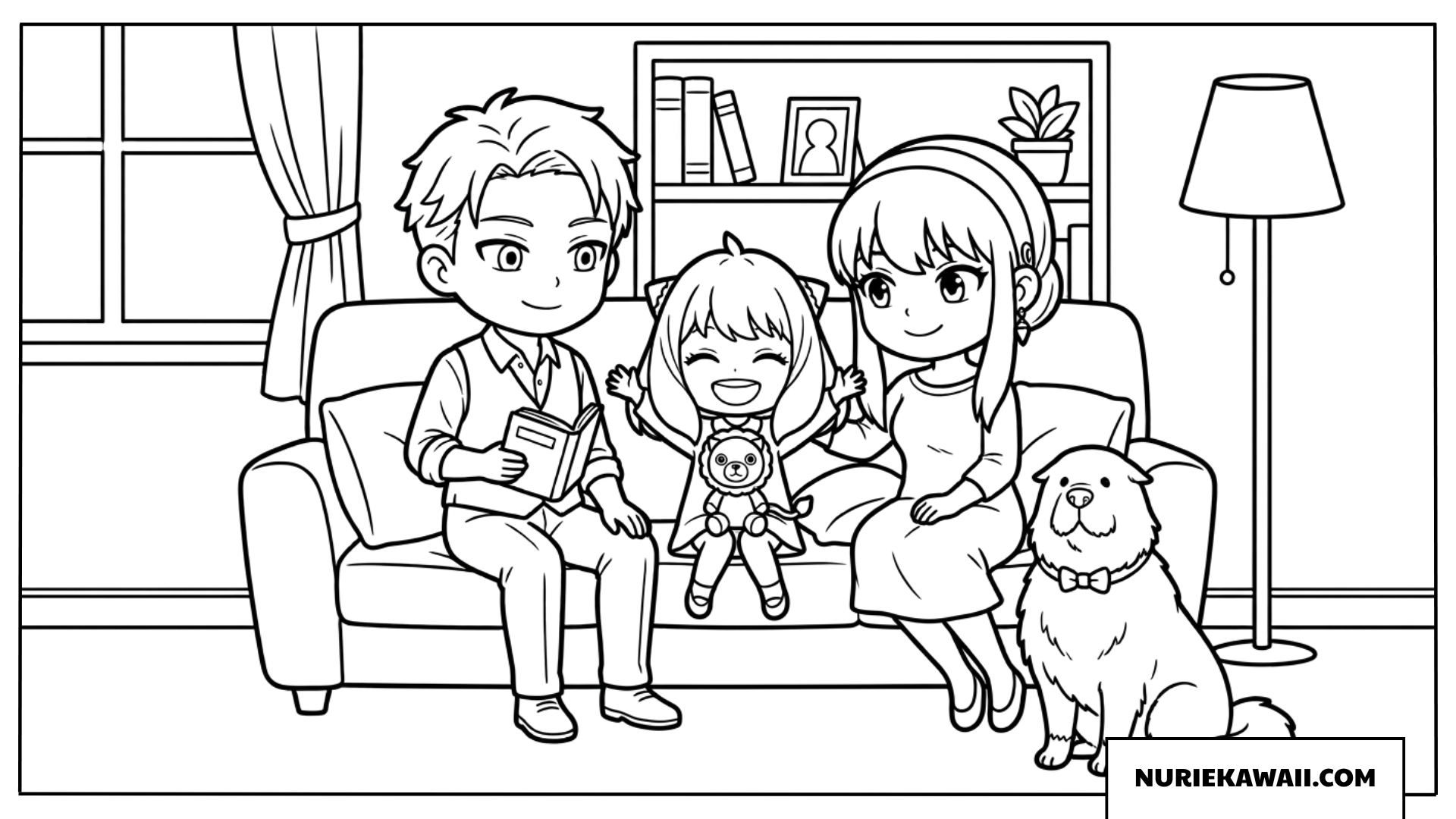 リビングのソファで本を読んだり愛犬ボンドとくつろぐフォージャー家塗り絵