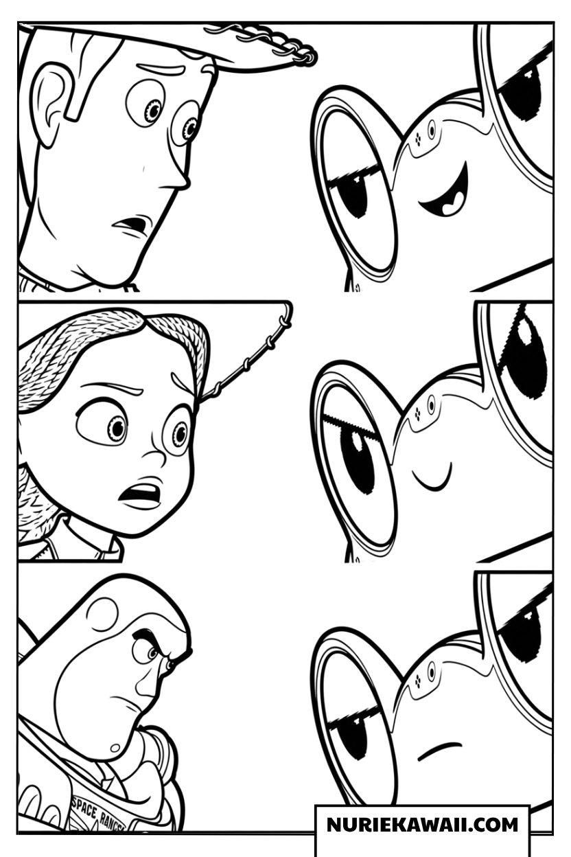 リリーパッドと向き合うウッディとバズとジェシーの塗り絵