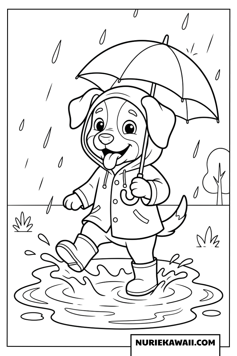 レインコートを着て雨の中を元気に散歩する子犬の塗り絵