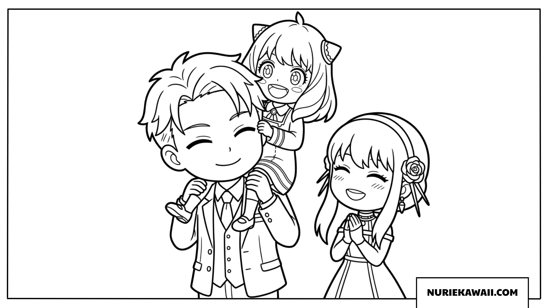 ロイドの肩車で大喜びするアーニャとそれを見守るヨルのちびキャラ塗り絵