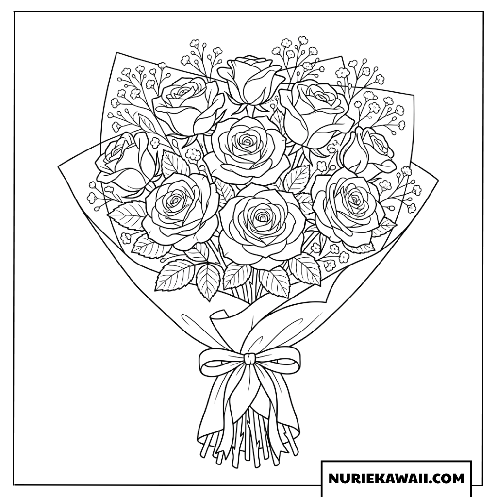 ロマンチックなバラの花束の塗り絵