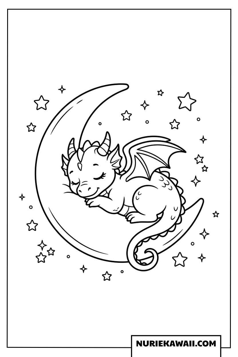 三日月と星の上で夢見心地に眠る赤ちゃんドラゴンの塗り絵