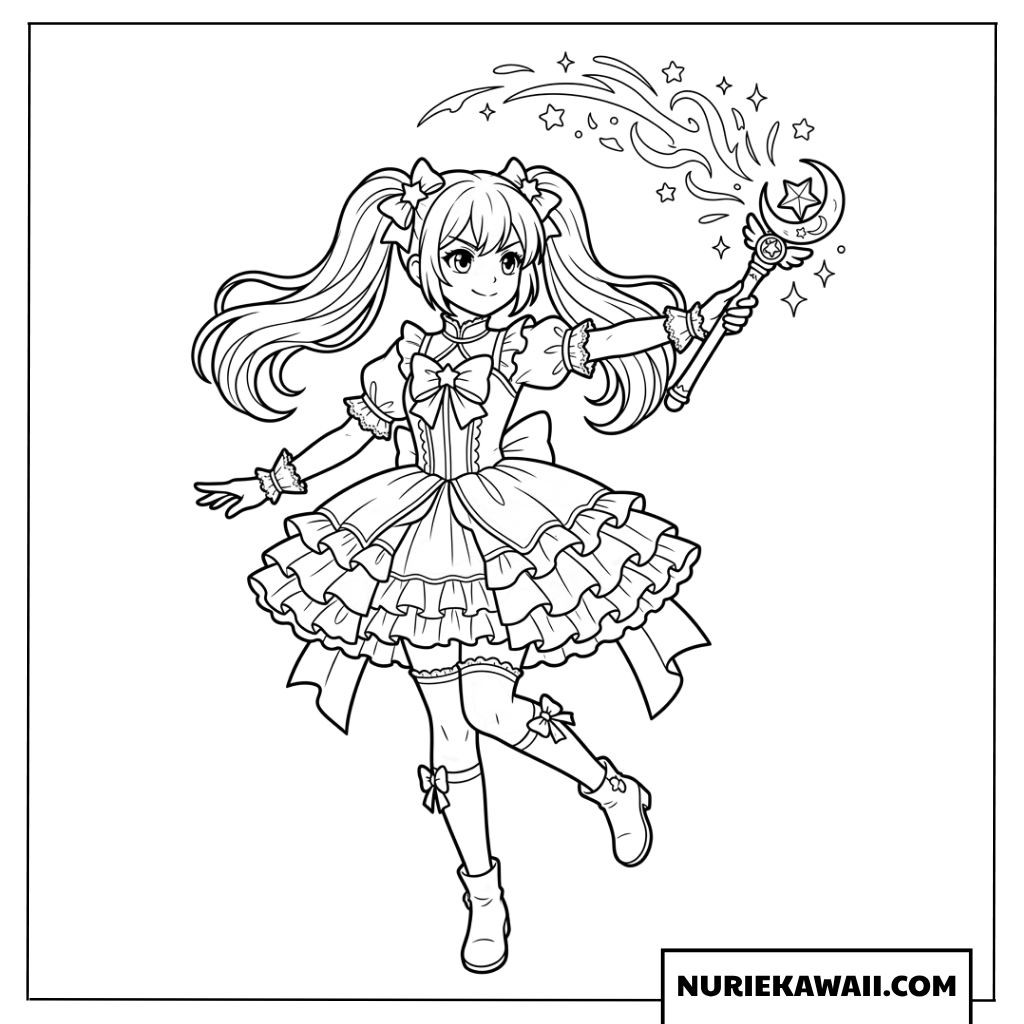 三日月のステッキを持つ可愛い魔法少女のアニメ塗り絵