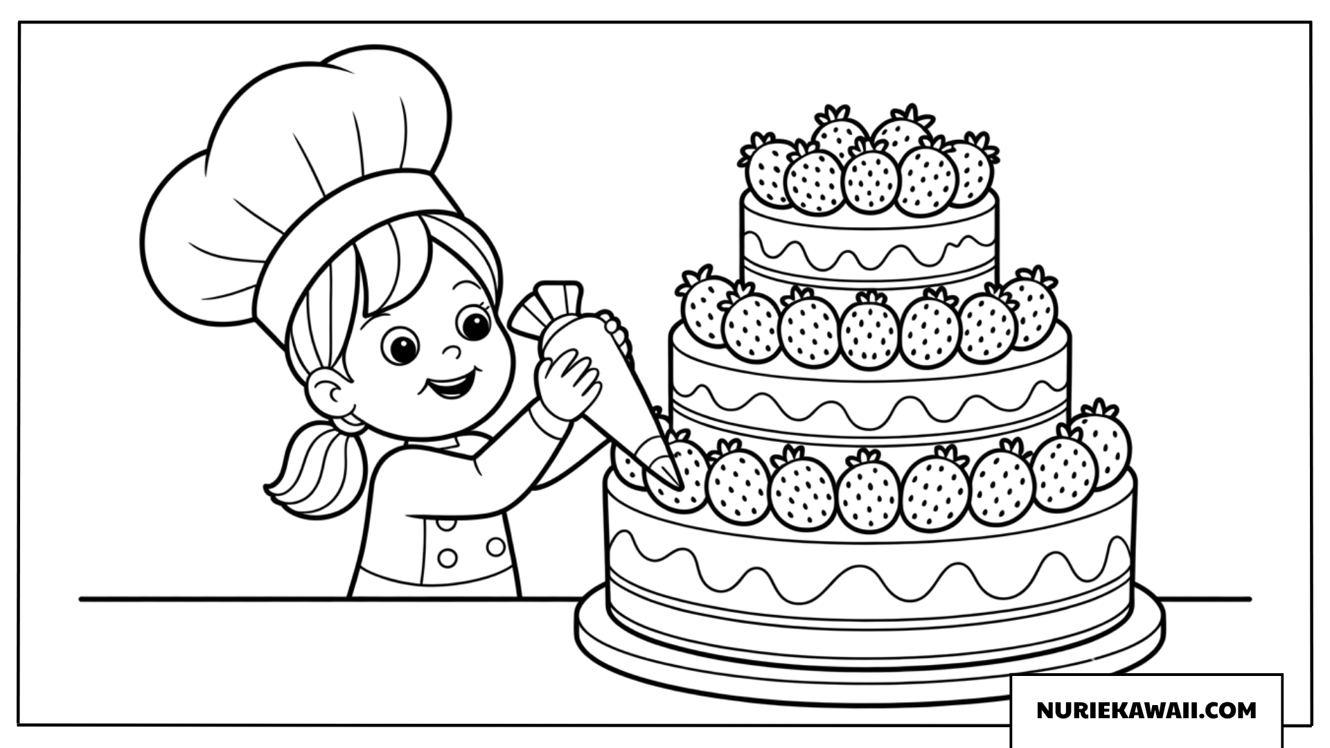 三段いちごケーキをデコレーションするパティシエ女の子塗り絵
