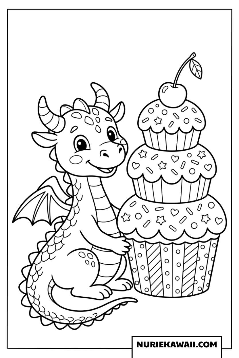 三段の甘いカップケーキと可愛いベビードラゴンの塗り絵