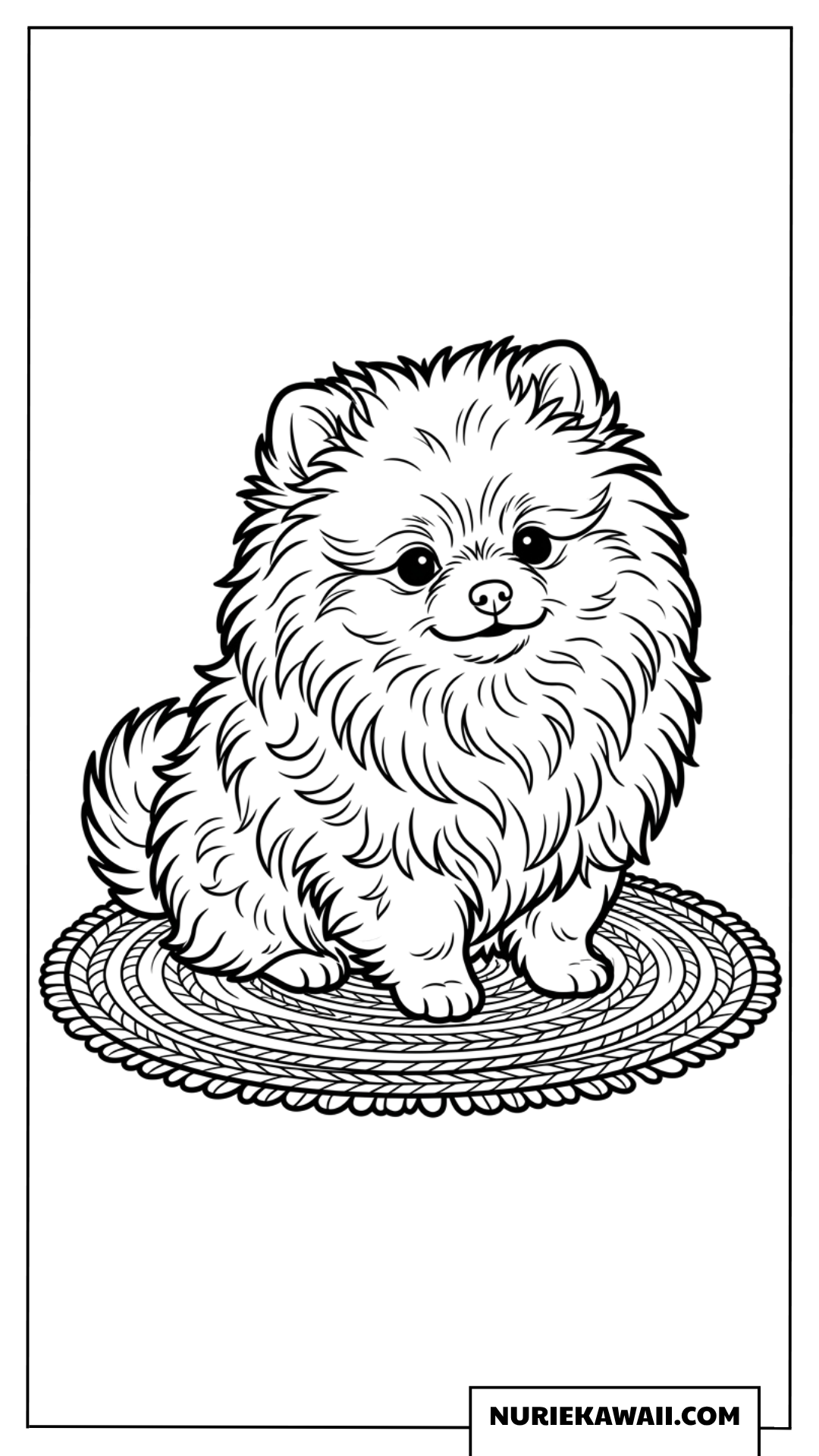 丸いマットの上にお座りするポメラニアンの子犬の塗り絵