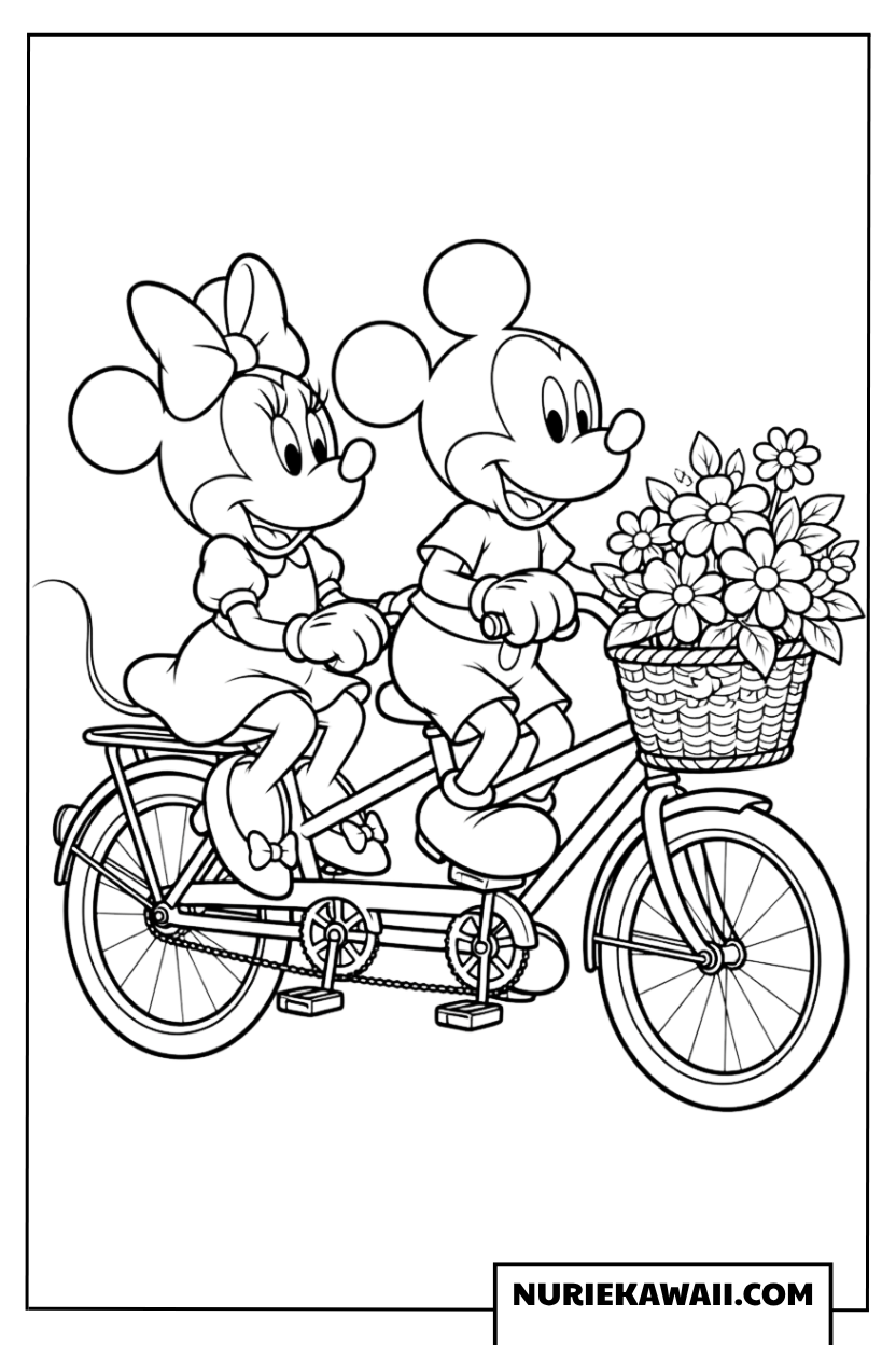 二人乗り自転車で花を運ぶミッキーとミニーのロマンチックな塗り絵