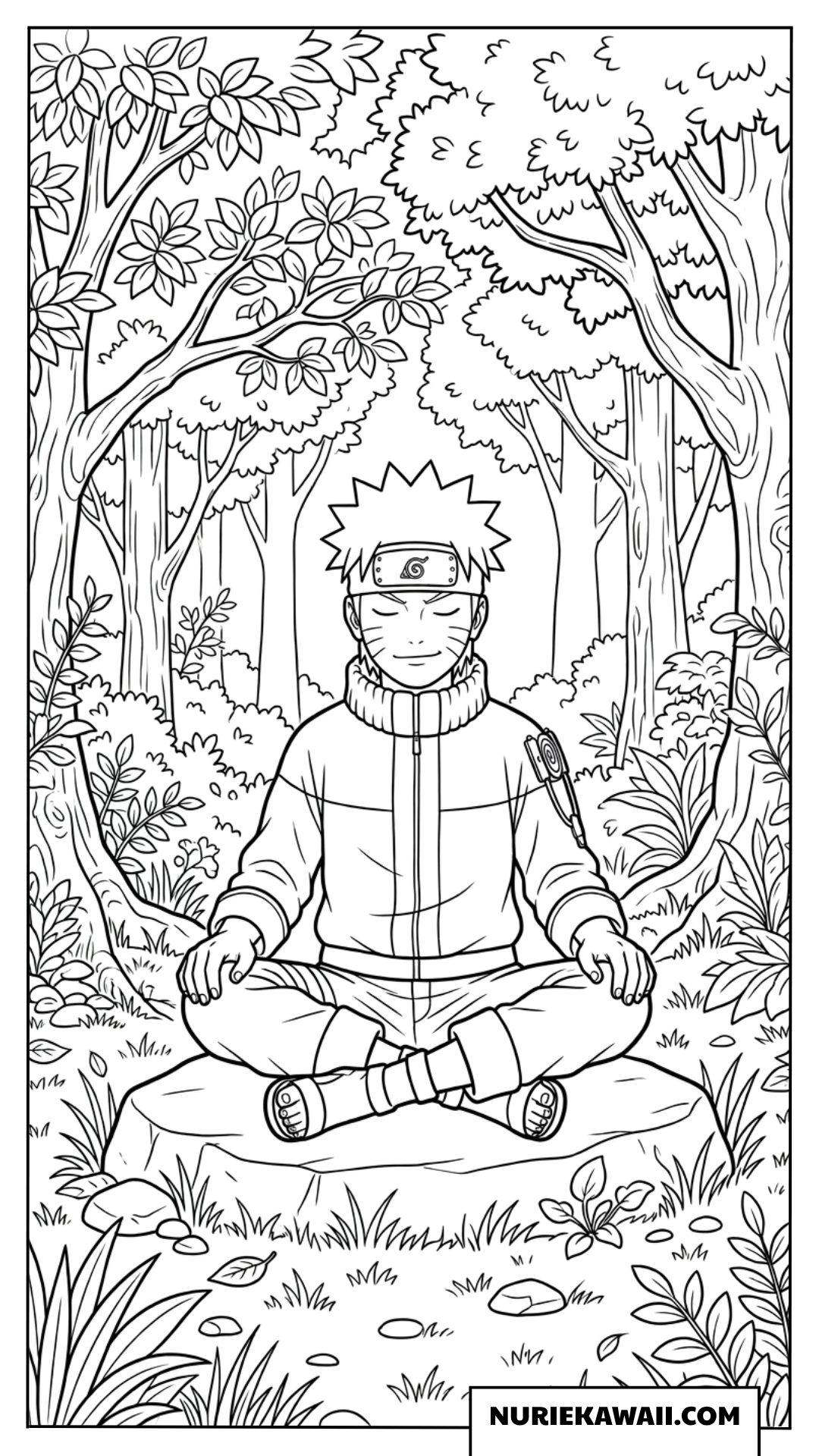 仙人モードのナルトが森の中で静かに瞑想している様子を描いた塗り絵。
