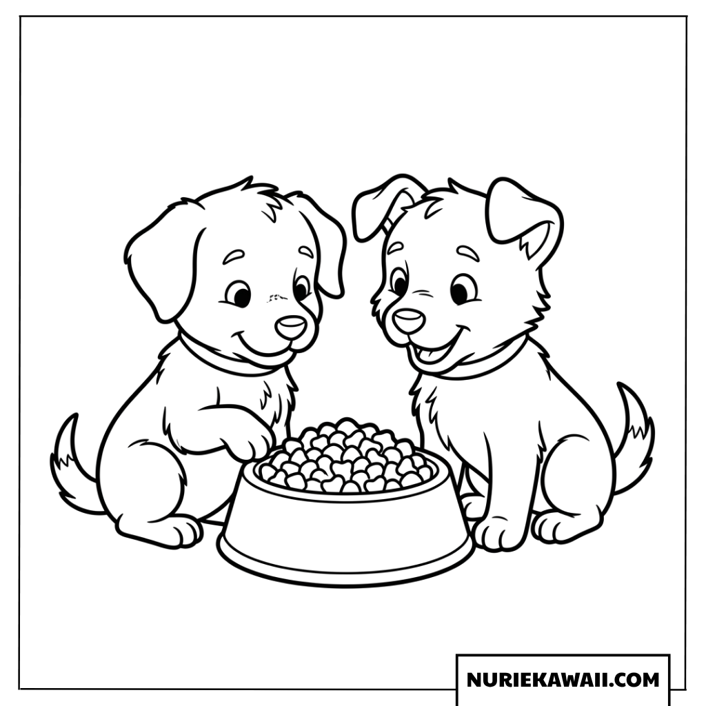 仲良くごはんを食べる２匹の子犬の塗り絵