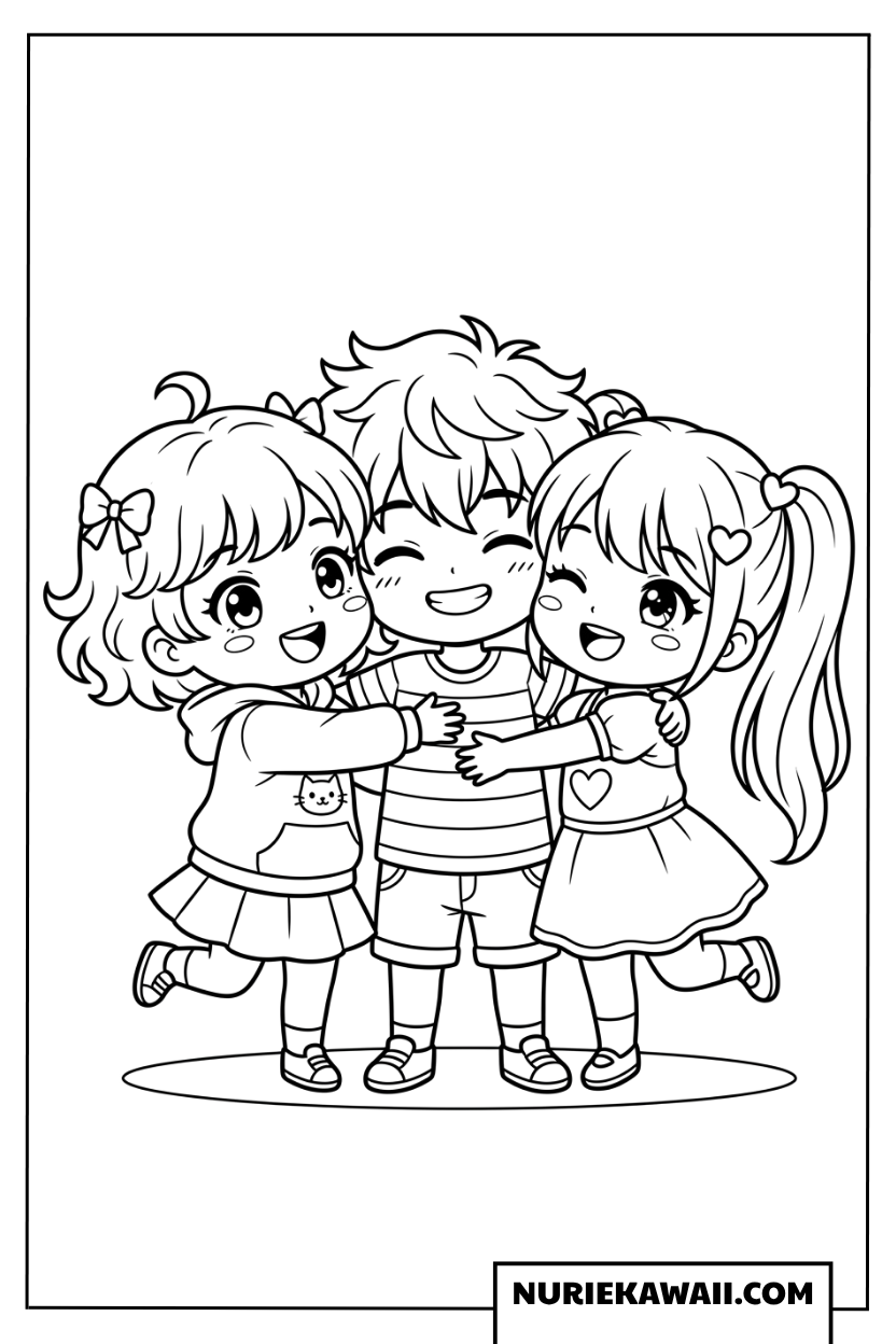 仲良く抱き合って笑顔あふれる仲良し三人組のちびキャラ塗り絵