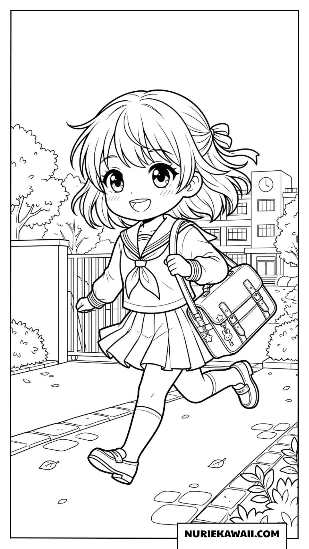 元気いっぱいに学校へ走るちびキャラ女子生徒の塗り絵