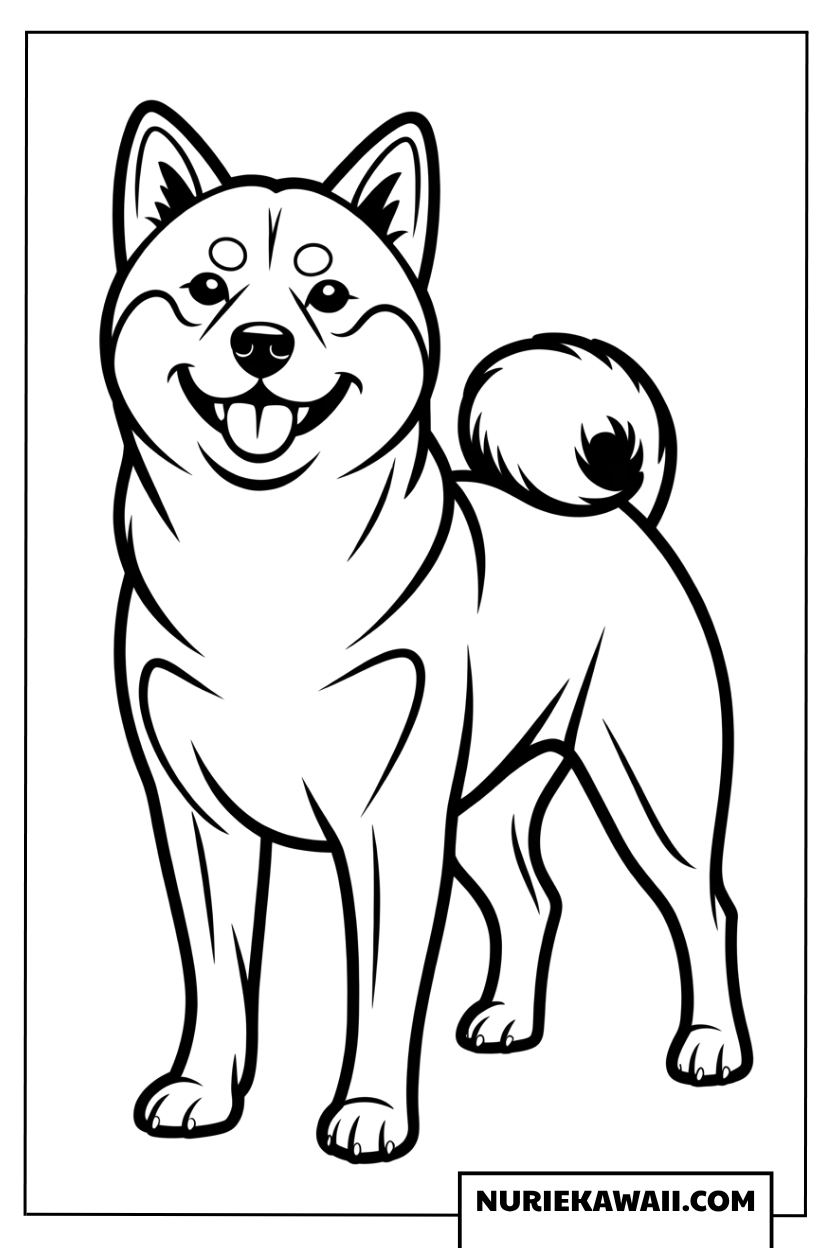 元気な笑顔で堂々と立ち上がっている巻尾が特徴的な可愛い柴犬の塗り絵