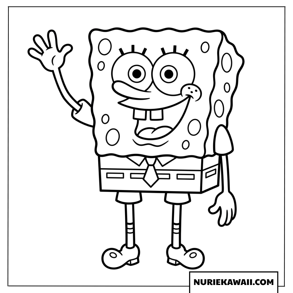 元気に手を振るスポンジボブのキャラクター塗り絵