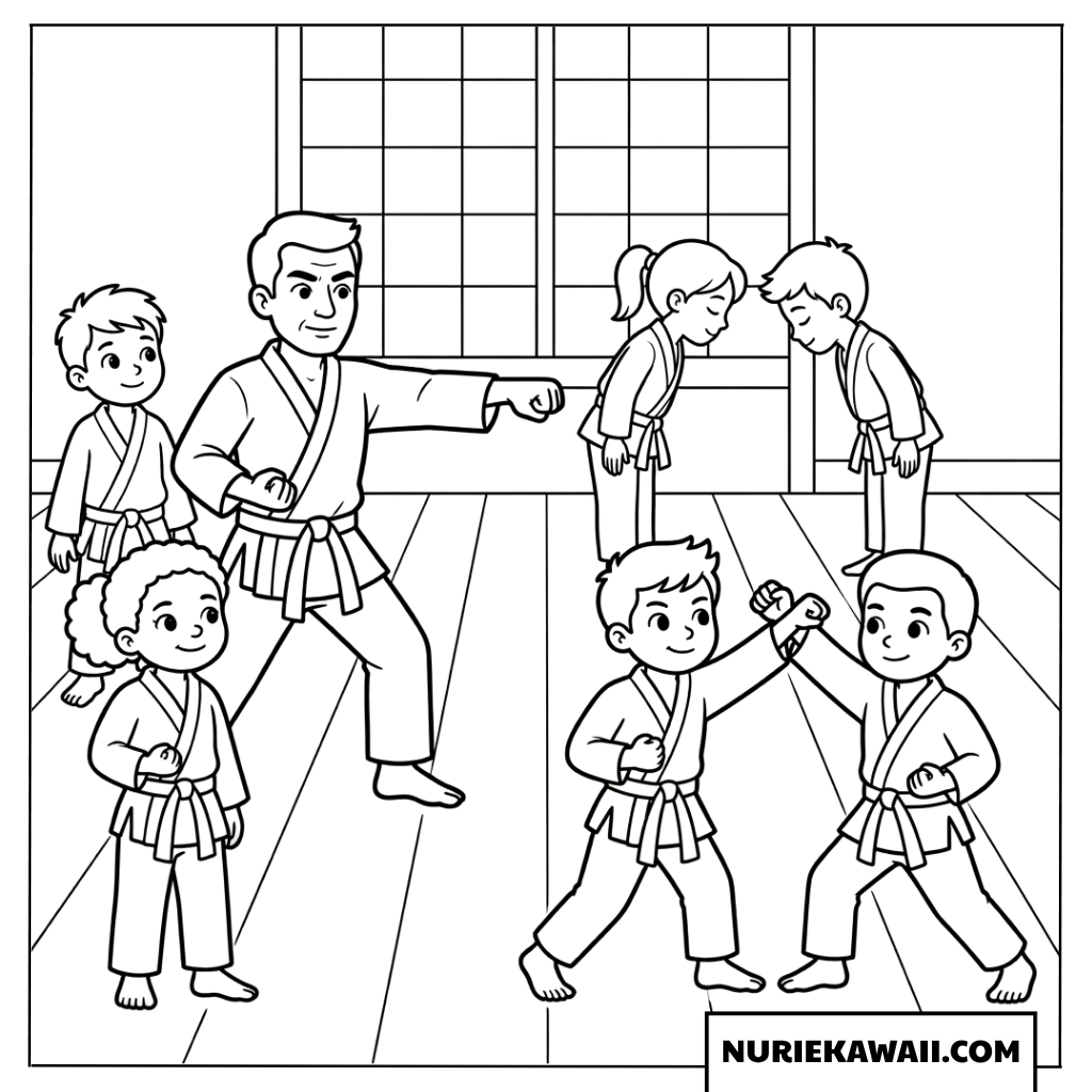 先生と武道を学ぶ子供たちの楽しい塗り絵