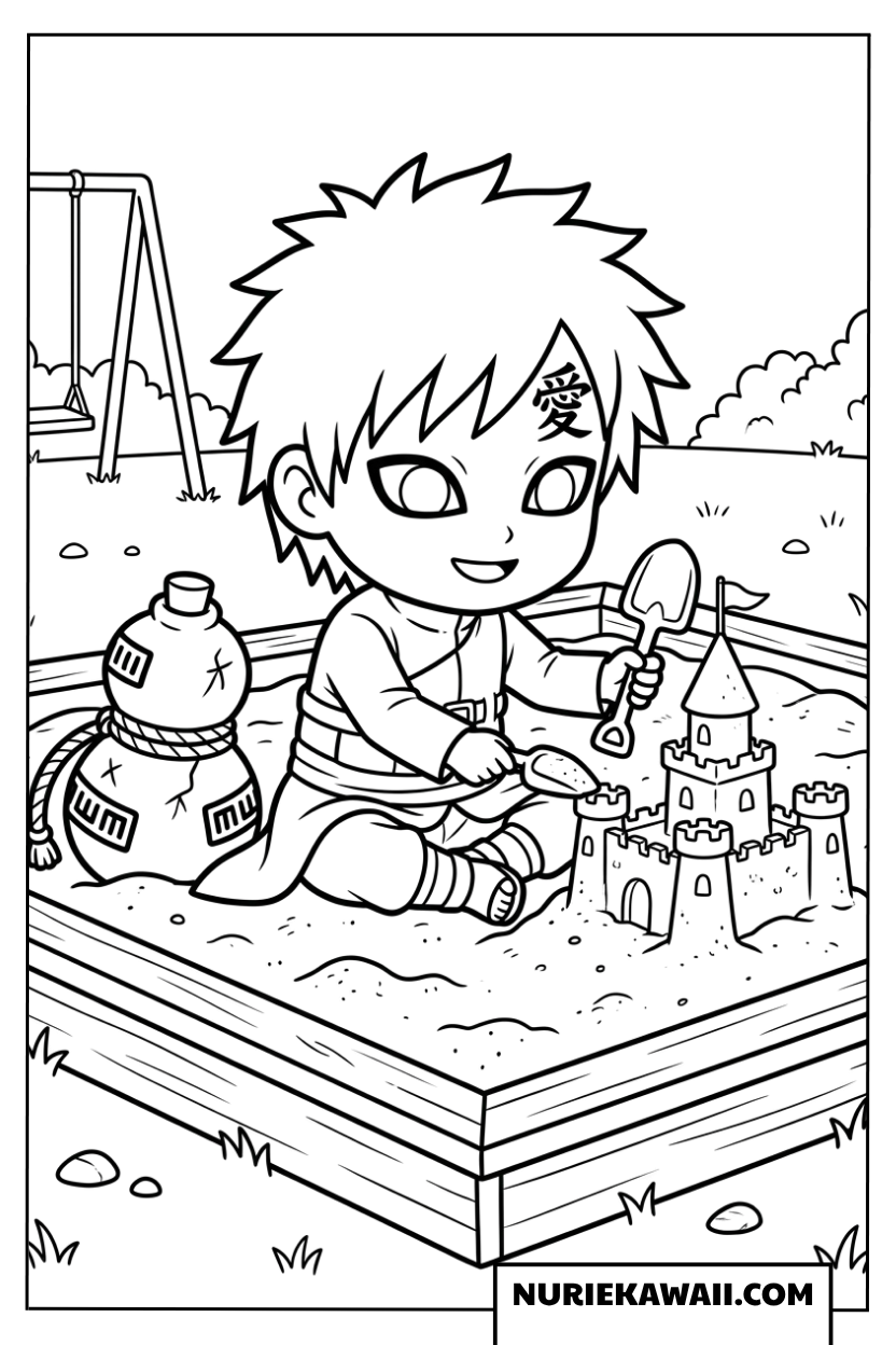 公園の砂場で楽しそうに砂の城を作るちびガアラの塗り絵