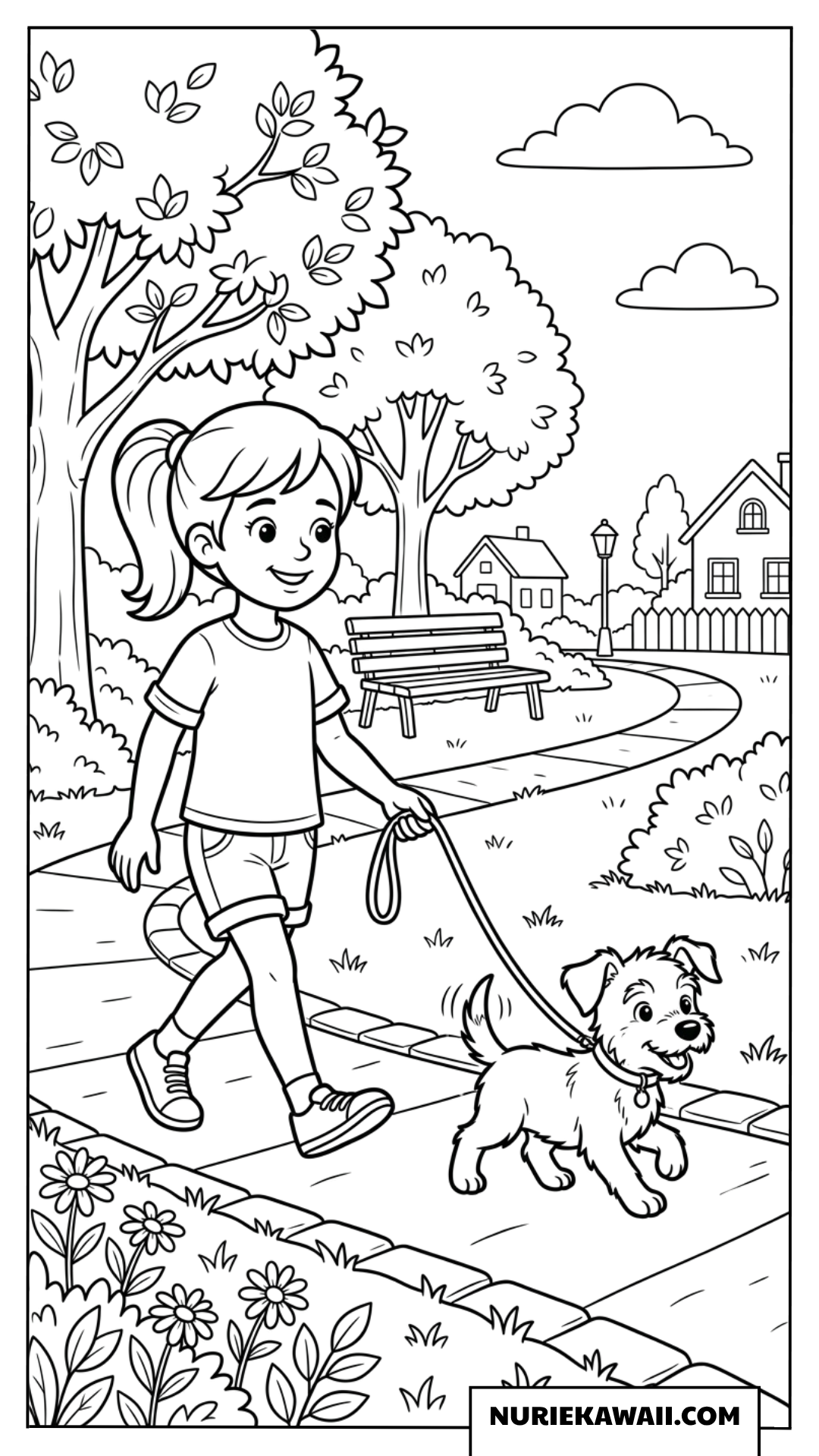 公園の遊歩道で元気な子犬のお散歩を楽しむ女の子の塗り絵