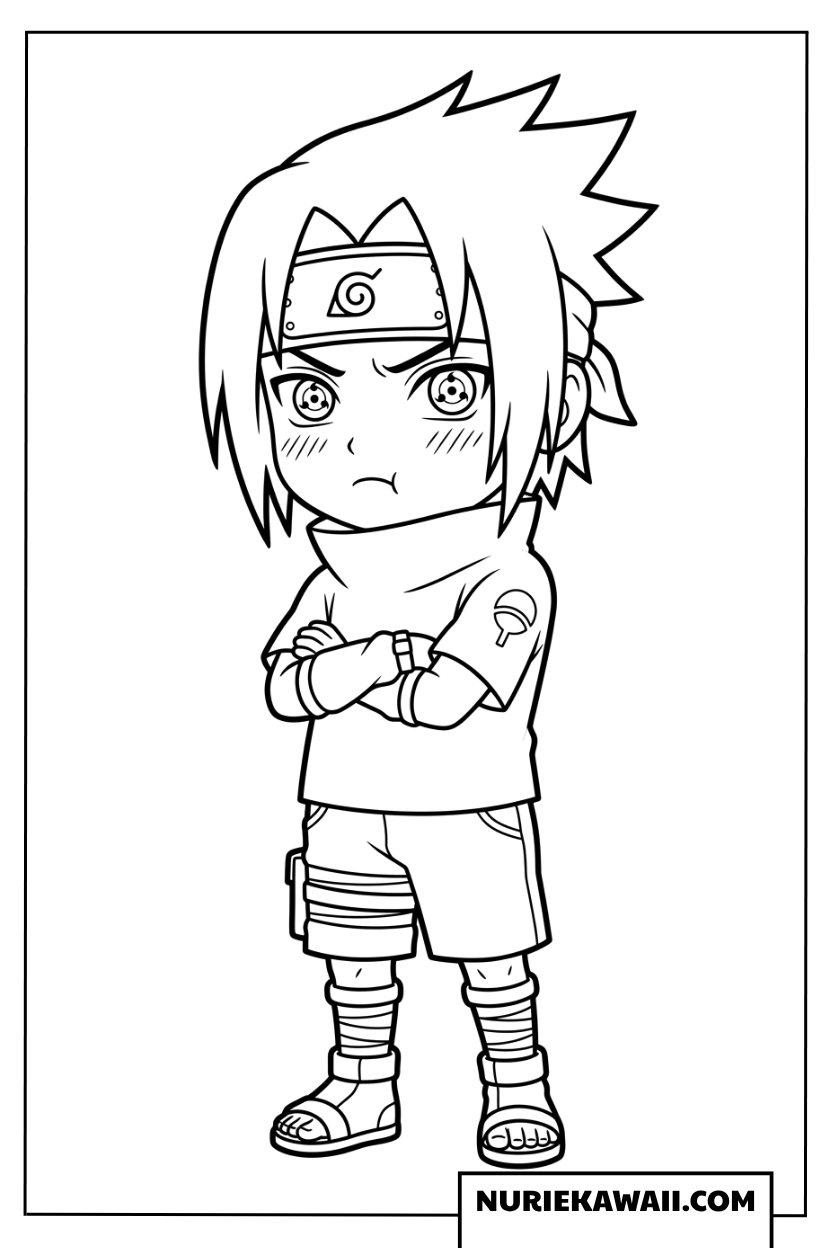 写輪眼を開きながら照れて怒る可愛い表情のうちはサスケちびキャラの塗り絵