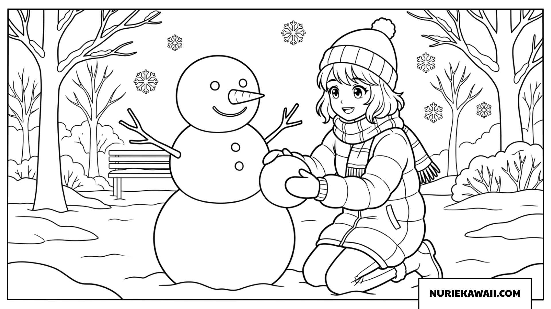 冬の公園でマフラーを巻いて雪だるまを作る可愛いクラスのアニメ女の子の塗り絵