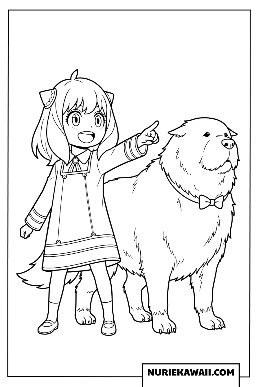 前を指差すアーニャとボンドの塗り絵